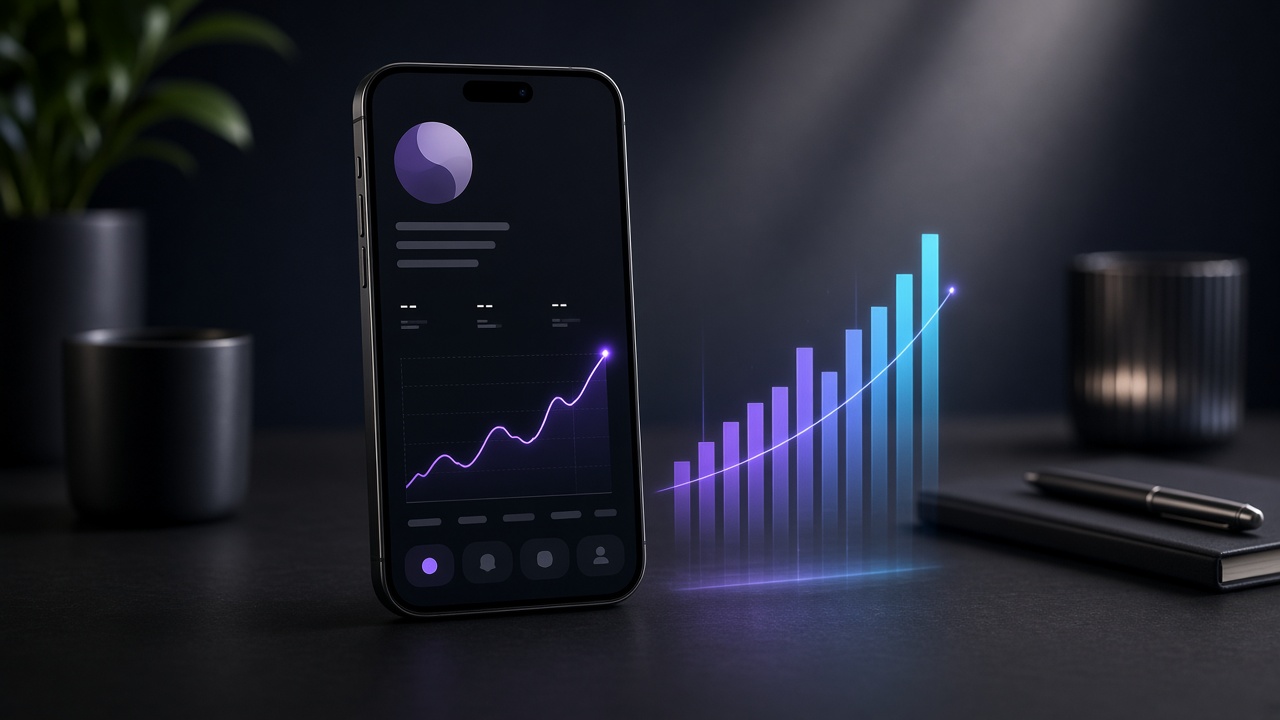 Smartphone on a dark desk with a rising follower growth chart in purple light